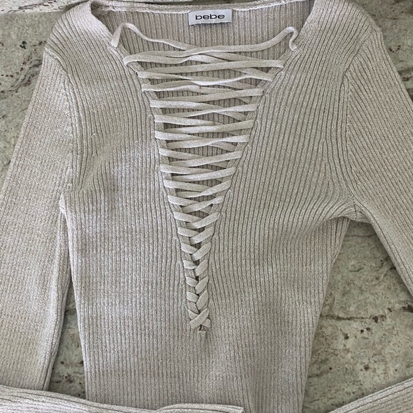 BEBE Sheri lace up Metallic cropped sweater Large - Picture 5 of 13